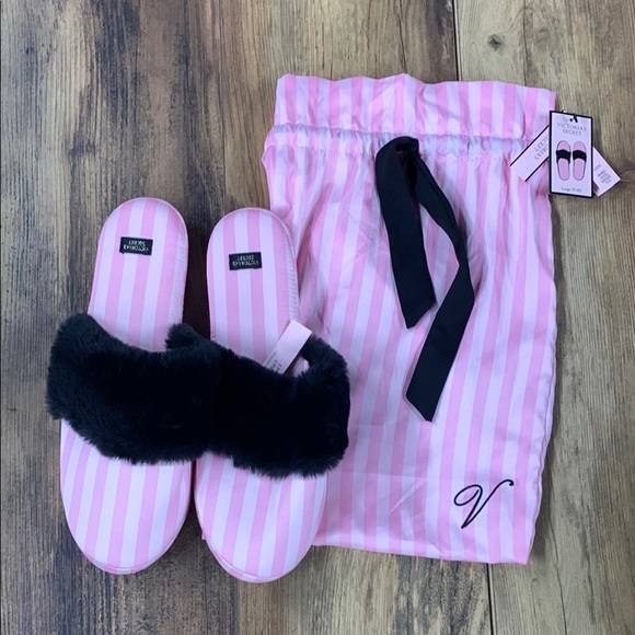 Victoria's Secret Pink Striped Slippers with Black Fur - Picture 1 of 3
